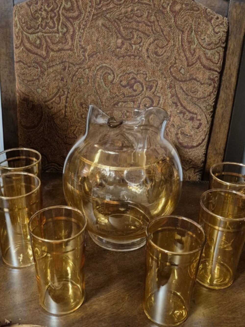 Vintage MCM Gold Stripe Glass Pitcher Set with 6 Glasses